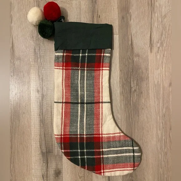 Hearth & Hand Linen Blend Plaid Stocking with Pom Pom’s - Picture 6 of 6